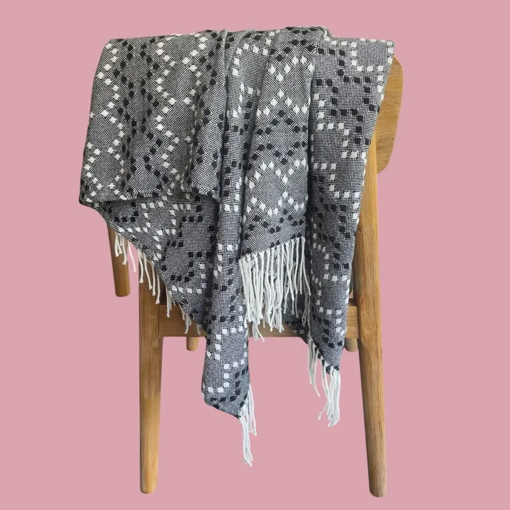 West Elm throw blanket geometric black white gray pattern
